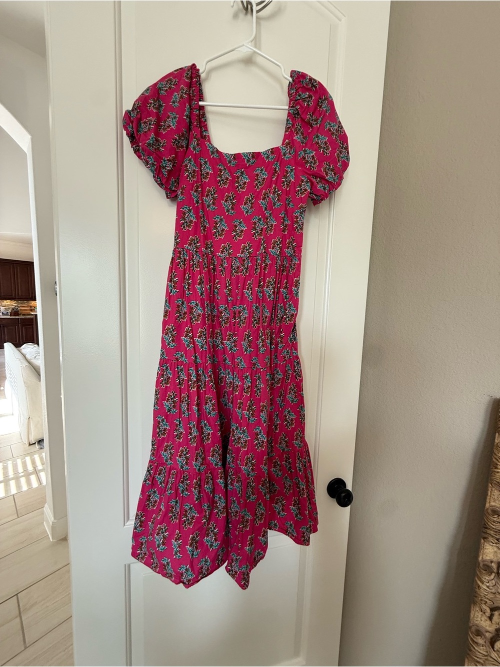 J. Crew Fuchsia Floral Puff-Sleeve Midi Dress